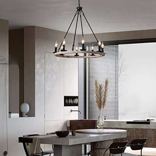 Lianshun Wooden Wagon Wheel Chandelier Farmhouse 8-Light Vintage Rustic Chandelier Round Kitchen Island Pendant Light Fixtures For Dining Room Living Room Entryway Foyer #TOP2