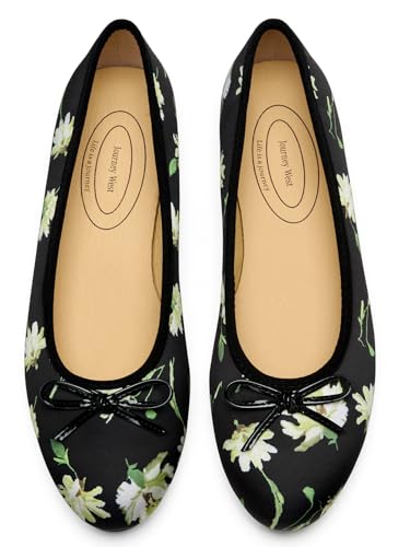 Journey West Women's Unique Printed Satin Ballet Flats - Elegant Slip-On Floral Bow Dance Shoes with Leather Lining Black US 6.5