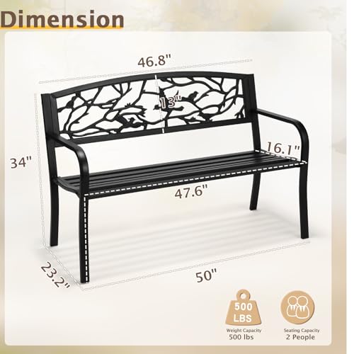 Image of VINGLI Outdoor Bench for Patio Metal Garden Bench w /PVC Back Pattern, Black Park Benches Front Porch Benches for Yard Lawn Decor Deck Entryway (Black-Bird)