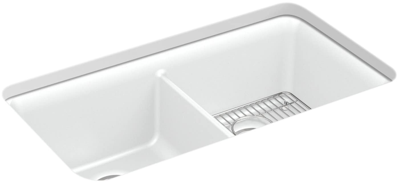 KOHLER K-8199-CM6 Cairn Sink, 33" Neoroc Composite Undermount Double-Bowl Kitchen Sink, Composite Kitchen Sink with Sink Rack, Matte White