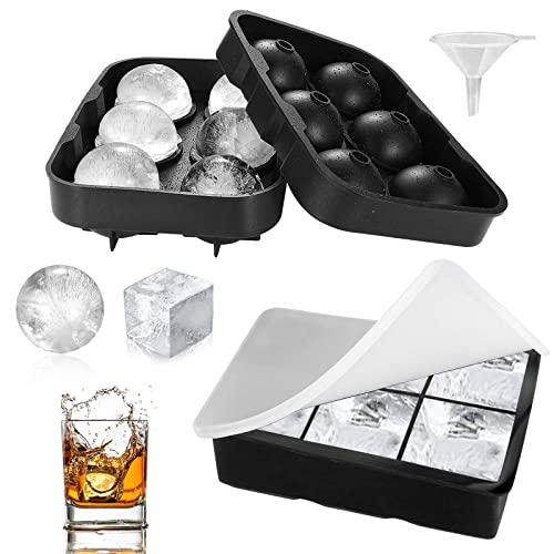 2 Bandejas Cubitos de Hielo Silicona, Moldes Cuadrados para Cubitos Hielo con Tapas y Máquina para Hacer Bolas Hielo con Embudo, Molde de Cubitos Hielo Sin BPA para Whisky Cócteles Bebida Cover