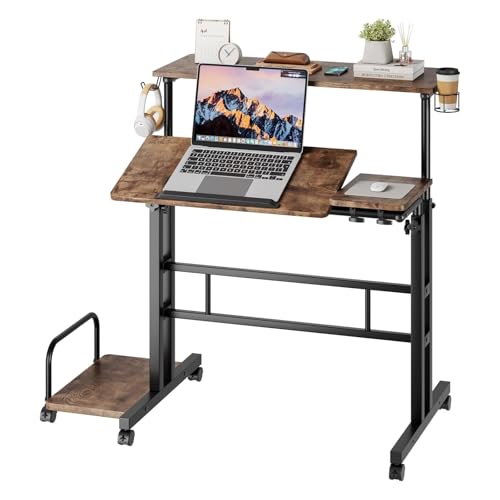 Dripex Scrivania per Computer Regolabile in Altezza, 80 x 60 cm, Scrivania con ruote, tavolo da lavoro mobile con piano inclinabile, per la casa e l'ufficio, marrone vintage e nero