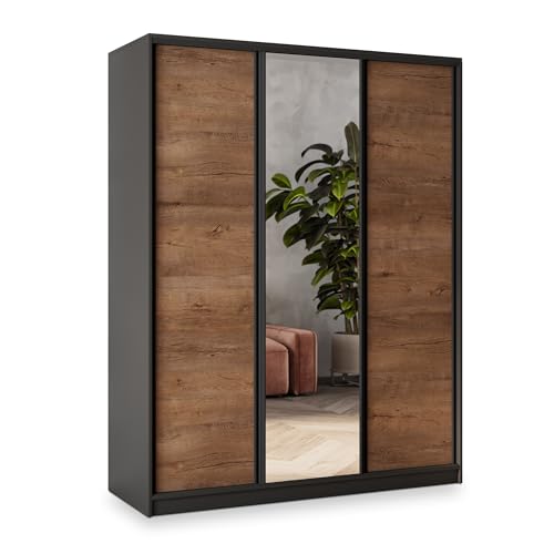 Masseno Schwebetürenschrank Sore 160/205/58 cm Kleiderschrank mit 4 Schubladen Schlafzimmer Schiebetürenschrank 3-türig mit Spiegel Schwarz/Eiche Lefkas