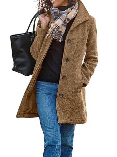 utcoco Women's Casual Thicken Single Breasted Pea Coat Stand Collar Mid Long Wool Coats with Pockets