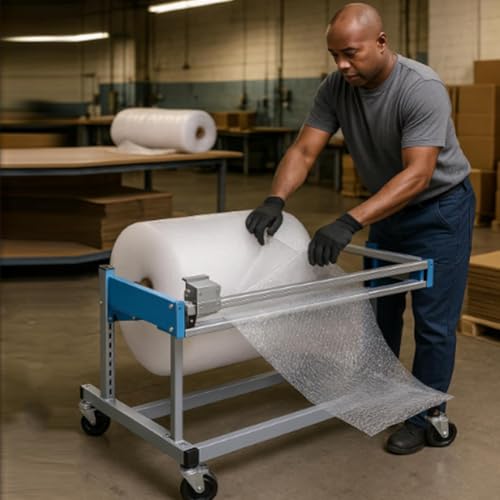 Distributore di pluriball con ruote per una movimentazione e spedizione efficienti dei pacchi | Portarotolo portatile per postazione di lavoro