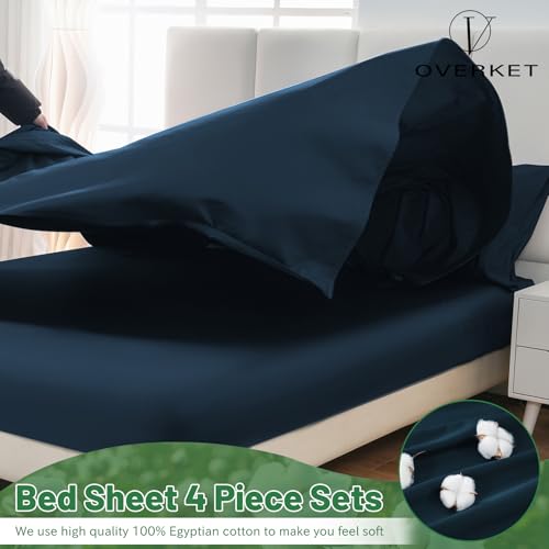 Image of 1000 Thread Count Egyptian Cotton Sheets Queen Size Set 4PCS Sateen Weave Soft Breathable 16-Inch Deep Pocket(Queen,Navy)