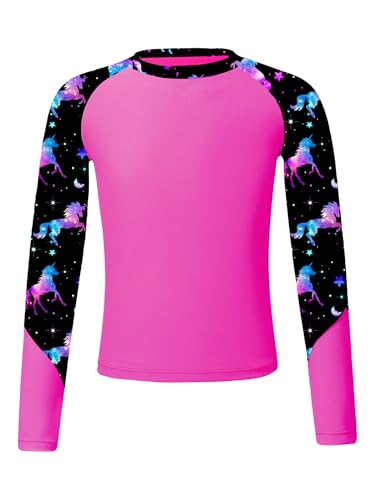 Fldy Mädchen Jungen UV Shirt Langarm UPF 50+ Badeshirt Schwimmshirt Schnelltrocknend Kinder Sonnenschutz T-Shirt Schwimmbekleidung Hotpink 110-116