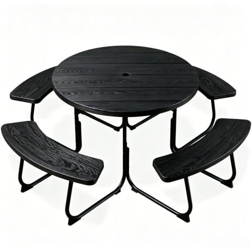bajingshanhu Heavy-Duty Circular Outdoor Picnic Table Seats 8 4 Attached Built-in Benches, Center Umbrella Hole, 2000 LBS Large Weight Limit for Patio Garden Backyard (Black)