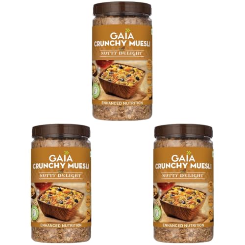 Image of GAIA Nutty Delight Crunchy Muesli 1 kg jar - A Perfect Blend of Multigrains, Nuts, Oats and Cornflakes The Ultimate Healthy and Delicious Breakfast Cereals. (Pack of 3)