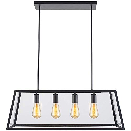 Lampundit Chandelier 4-Light Pendant, Matte Black Finish with Clear Glass Panels, Modern Industrial Square Linear Pendant Lighting for Kitchen Island Breakfast Bar Dining Room