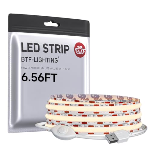 Image of BTF-LIGHTING FCOB COB LED Strip Lights 5V USB Powered Warm White 3000K | 6.56FT 640LEDs CRI90+ Dimmable Super Bright LED Light with 3M Tape for TV Backlight PC 3D Printer Cabinet Home DIY Lighting