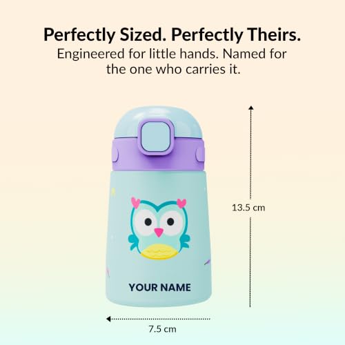 Image of rabitat Milo Personalized Stainless Steel Water Bottle 350ml | 2 Year Brand Warranty | BPA Free | Leakproof Steel Sipper Bottle for Kids | Flip Lock Lid with Straw | Easy Carry Handle Sky Hoot