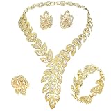 Campsis Crystal Necklace Gold Bib Style Necklace Bridal Earrings Bracelet Ring Jewelry Set Wedding Prom Costume Accessories Women and Ladies