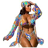 Sporty Swimsuits for Women Two Piece for Women Sexy Long Sleeved Cardigan with Irregular Style Headscarf Four (Blue, M)