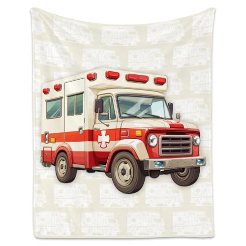 Ambulance Blanket, Cozy Soft Throw Gifts for Kids, Cute White Flannel Throw Blankets for Bed Travel, 50x60 Inches