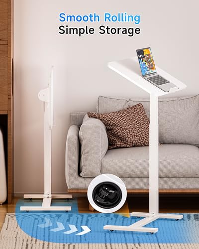 Image of BIZUM Mobile Standing Desk Laptop Desk Pneumatic with Wheels 180 Tilt Top Hospital Bed Table Portable Rolling Cart Foldable Bedside Table for Hospital&Home Use, White