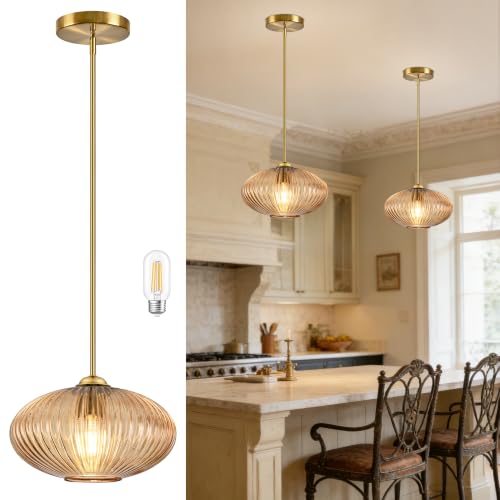 YSHomeStunn 10 Mid Century Modern Pendant Light Amber Vintage Pendant Lights Kitchen Island Ribbed Glass Pendant Light Adjustable Hanging Pendant Light for Dining Room Bedroom (Bulb Included)