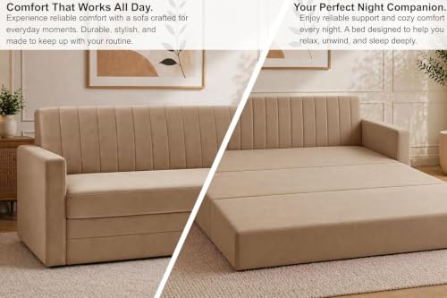 Image of Modern Velvet Three Seater Sofa Cum Bed with Armrest, Convertible Sleeper Couch Sofa for Living Room, Bedroom & Office - Golden