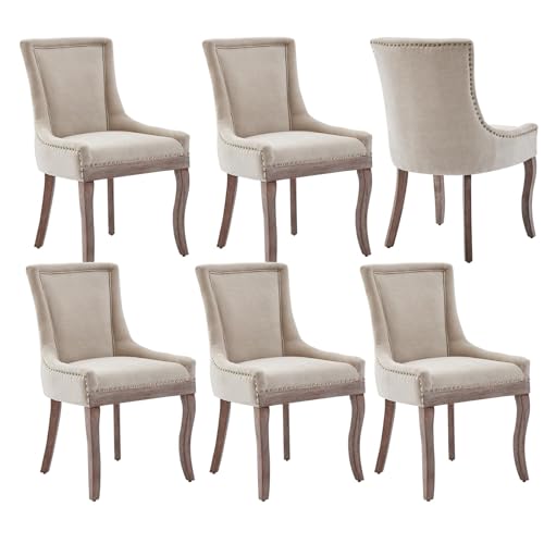 HomeTouch Luxe Fabric Upholstered Dining Chairs Plush Comfort Kitchen Chairs with Vintage Nailhead Trim and Oak Wood Legs for Home Office Bedroom Accent Chairs (6, Beige)