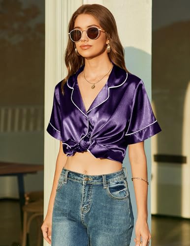 Image of Ekouaer Silk Satin Pajama Sets Button Down Sleepwear Shorts Pjs 2 Piece Loungewear Soft Lounge Set Deep Purple,Small