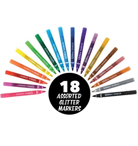 Inc Glitter Markers 18 Assorted Colors For Kids Gift Non-Toxic Water Based Glitter Marker Pens Writes On Multiple Surfaces With Bullet Tip For Adult Coloring Books, Craft, Doodling, Drawing, Gift Card #TOP3