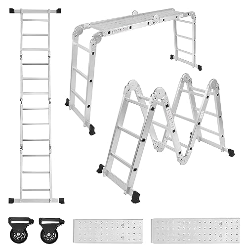 SUBTLETY Escalera multiusos 6 en 1 de 340 cm, de aluminio, con andamios, incluye escalera plegable, 2 plataformas de trabajo extraíbles y 2 ruedas para casa, taller, jardín (4 x 3 peldaños)