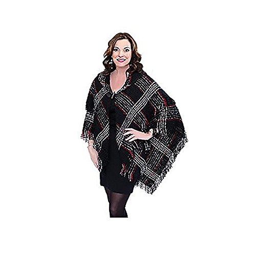 Double-Layered Black and Red Plaid Woven Cape Sweater Poncho