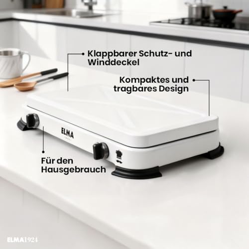 ELMA Camping Gaskocher 2-flammig, kompatibel mit Butan- und Propangas I Tragbarer Gasherd Gaskocher Campingkocher I Inklusive Montageanleitung I 58 x 25 x 5,4 cm | Weiß