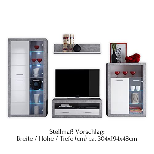 STONE Wohnwand Komplett-Set in Beton Optik, Weiß - Moderne Schrankwand für Ihr Wohnzimmer - 304 x 194 x 48 cm (B/H/T) – Bild 5