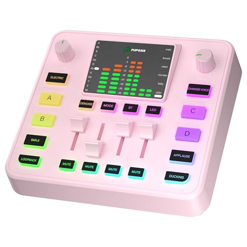 Image of PUPGSIS Gaming Audio Mixer, Audio Interface for PC /Podcast /Streaming, Sound Board with 3.5mm /XLR Mic Input, 48V Phantom Power, Voice Changer, Live Sound Card with DJ Mixer Effects /Bluetooth(White)
