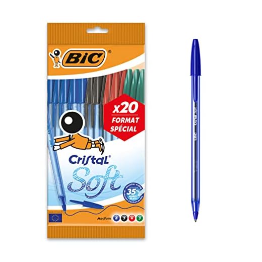 BIC Cristal Soft Stylos-Bille Pointe Moyenne (1,2 mm) - Couleurs Assorties, Pochette Format Spécial de 20