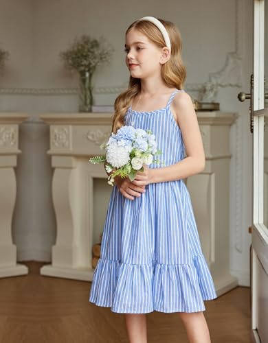 Arshiner Girls Summer Dresses Kids Sleeveless Beach Linen Swing Sundress Casual Midi Dress Blue Stripes 8-9 Years thumb #3