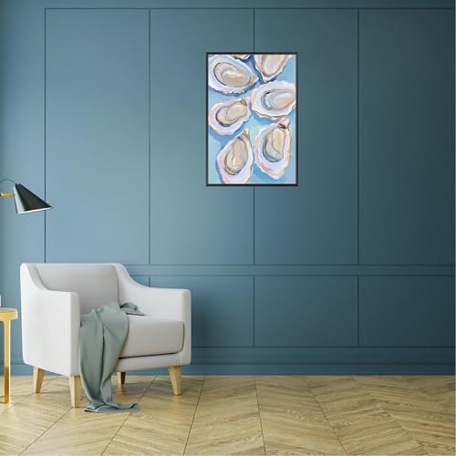 Image of Pastel Blue Oyster Shell Poster Abstract Coastal Shell Canvas Wall Art Funky Colorful Summer Beachy Picture Prints Painting For Home Living Room Kitchen Restaurant Wall Decor 8x12in Framed