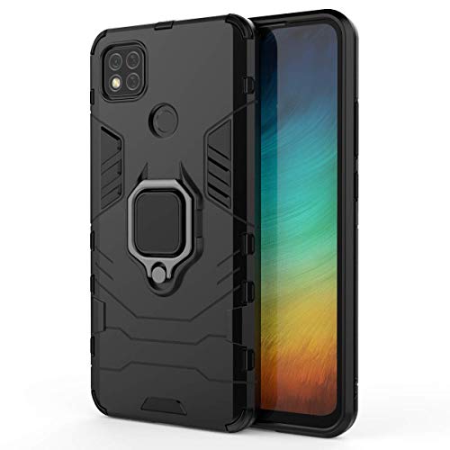 XIFAN Funda para Xiaomi Redmi 9C, [Robusto] Anillo Metálico Soporte [Funciona con El Montaje De Coche Magnético] Case Carcasa, Negro