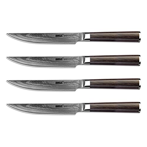 AMSZL Steak Knives - Set of 4 - Damascus - 5.5" - Japanese VG10 Core Steel Forged Straight Edge - Pakka Handle - Gift Box
