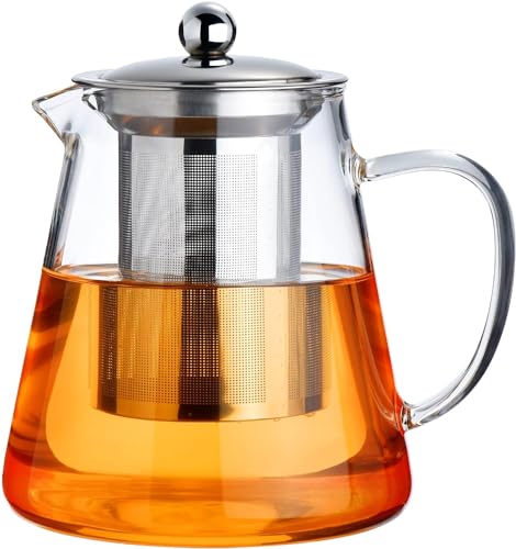 KELVEE Glass Kettle Teapot with Removable Infuser & Lid & Handle, Glass Tea Kettle Stovetop Safe, Great for Loose Leaf Tea, Blooming Tea, Tea Bags & Fruit Infused Water (Round – 750ml)