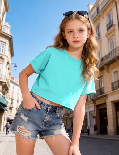 Image of Girls Crop Tops Short Sleeve T-Shirts for Girl Crew-Neck Basic Tee Size 7-14 Years