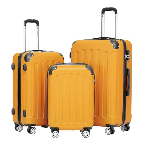 BEIBYE Kofferset 3-teilig Kabinenkoffer Reisekoffer und XL-Koffer aus ABS mit Doppelrollen und Zahlenschloss Orangen