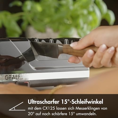 Bild 2 - GRAEF CX125 - Elektrischer Messerschärfer, 3 Stufen, Perfekte Schleifwinkel für 15° Klingen, Diamantbeschichtung, Für Küchen-, Jagd-, Gewerbe-, Wellenschliffmesser, Ultrascharfe Klingen, Schwarz