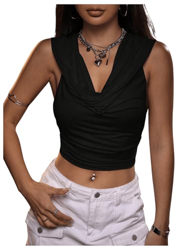 GORGLITTER Women's Rave Hooded Tank Crop Tops Bow Open Back Sleeveless Drapped Neck Ruched Going Out Top Fashion 2025