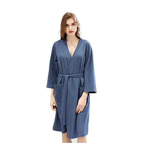 WEWE Robe para Mujeres,Lighweight Suelto Vestido De Talla Más con Pockets Cinturón V Collar Mujeres's Albornoz Azul Claro M