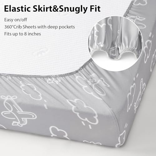 Baby Crib Sheets for Boys and Girls, 3 Pack Toddler Bed Sheets for 52”x28” Standard Toddler Mattresses, Soft Microfiber Fitted Crib Sheets Neutral Grey Helicopter