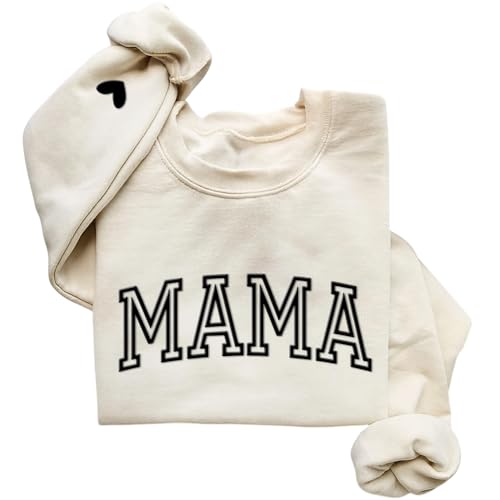 IZI POD Mama Puff Letter Sweatshirt, Mama Sweatshirt with Heart on Sleeve, Gift for Mom, Birthday, Valentine, Mother's Day, Christmas Sand L