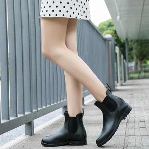 Women's Leather Chunky Heel Ankle Rain Boots Comfortable Round Toe Non-Slip Waterproof Lightweight Outdoor Garden Chelsea Short Boots4