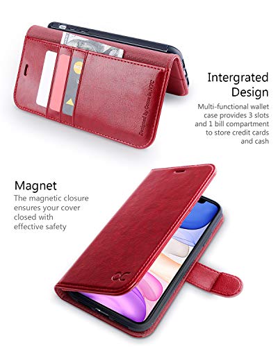 Ocase Iphone 11 Case, Iphone 11 Wallet Case With Card Holder, Pu Leather Flip Case With Kickstand And Magnetic Closure, Tpu Shockproof Interior Protective Cover For Iphone 11 6.1 Inch (Red) #TOP2