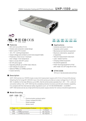Alimentation 1500 W convertisseur AC DC UHP-1500-24V 62.5A
