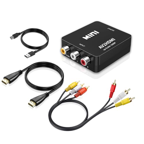 RCA to HD Adapter, AV to HD Converter, 1080P to HD CVBS AV Composite Adapter for PS2 Wii Xbox SNES N64/TV/PC/PS3/STB/Xbox VHS/VCR/Blu-ray DVD Player (Converter with RCA and HD Cables)