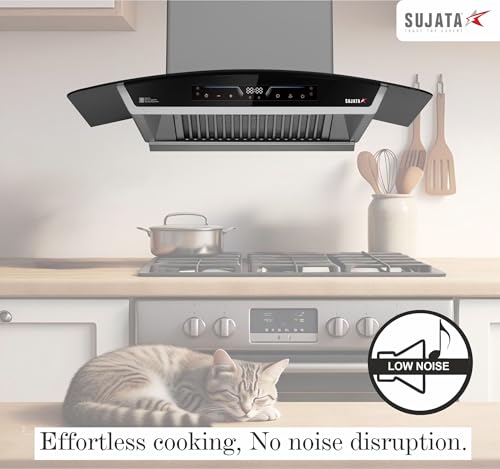 Image of Sujata 75cm Auto Clean Kitchen Chimney | 15 Years BLDC Motor Warranty & 5 Years Comprehensive Warranty| 12 Gesture & Touch Control, Powerful Suction, Low Noise, Wall Mounted, LED Panel(Quartz-Black)