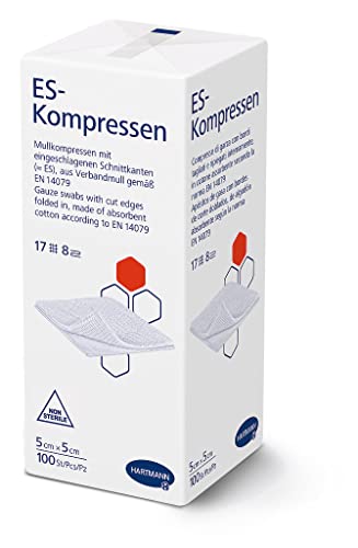 ES-KOMPRESSEN: Unsterile Mullkompressen zur Wundreinigung & Wundabdeckung, sowie zum Auftragen von Salben, 5 x 5 cm, 8-fach, 17-fädig, 100 St