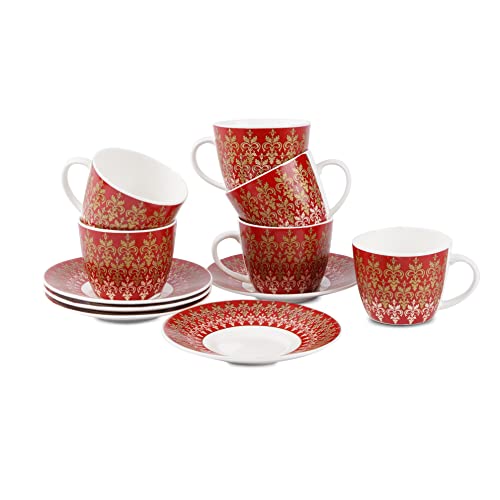Image of Dandy Lines Premium Royal Cups and Saucers Set of 12 Red with Pure Gold - Luxury Tea Cups with Saucer - Cup and Saucer Set - Pack of 12 - Ideal for Tea Parties - Elegant Design - Durability and Style